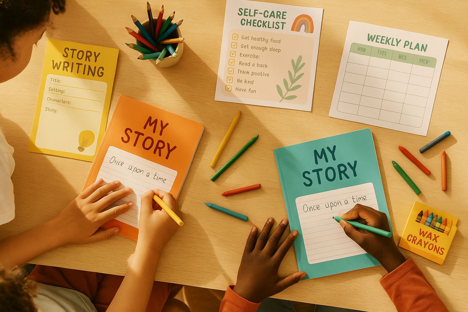 Children writing stories with planners